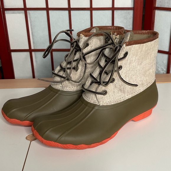 Sperry Shoes - Sperry Duck Winter/Rain Boots, orange/green-brown/tan, size W8, Waterproof, EUC!